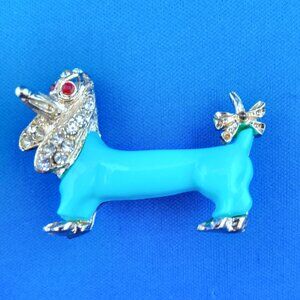 Vintage mid century dachsund pin turquoise plastic body rhinestone accents
